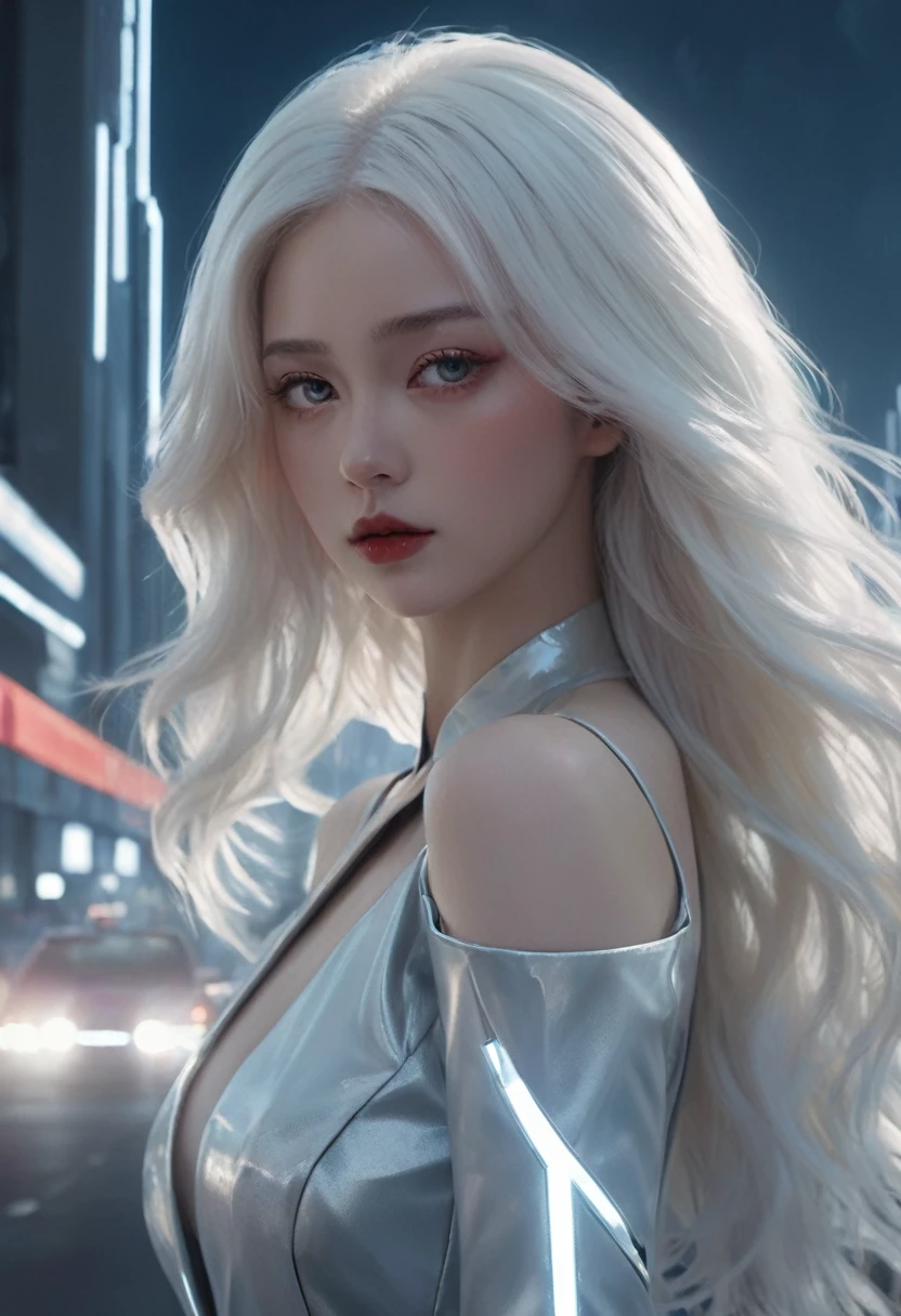 masterpiece, best quality, (Solitary focus), (Perfect face:1.1), (High Detail:1.1),Dramatic, 1 person, (Pale skin), Long white hair, White eyes, [light eyebrows], Solitary, long hair, moon, night, White luxury suit, cover navel, Pursed lips, cover, futuristic city, Detailed background, Art work：artgerm and greg rutkowski, movie lighting, Rose, Fashion, Balenciaga style