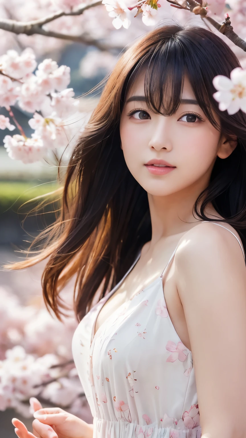 (logo、masterpiece、8k、Tabletop、RAW Photos、wonderful、最high quality、Photorealistic and Very detailed CG integrated 8k wallpaper、high quality、Very detailed、narrative poem、Particle Effects、Dynamic Effects、Depth of written boundary、Cinematic Light、Lens flare、Ray Tracing)、Fantasy、 (1 beauty、dress、dress、Cherry blossom pattern、Black-haired、Beautiful Face、True Face、Beautiful details、eye、Beautiful Skin)、my hair dances in Wind、Hair flutters in Wind、Hair bounces、Pink cherry blossom tree、Petals flutter、SakuraFubuki、wonderful景色、Morning Glow、Sun in the background、Wind、