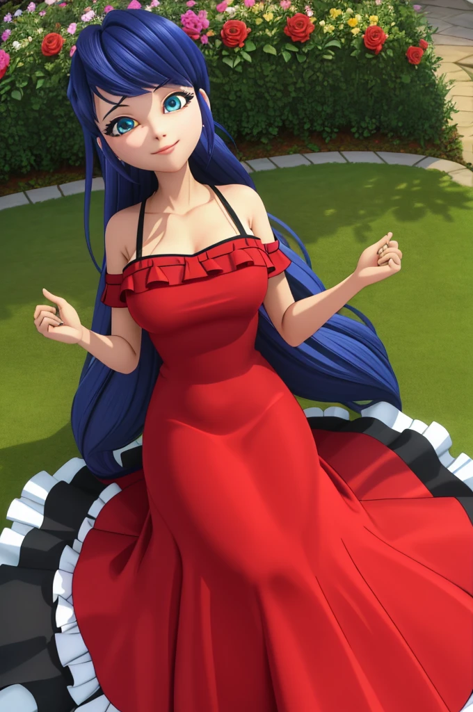 (8k, RAW photo, best quality, masterpiece:1.2), (intricate details), perfect eyes, perfect face, perfect lighting, beautiful, (masterpiece:1.2), (best quality:1.2), 1girl, solo, Marinette, blue hair, ((long flowing hair)), adult torso, 19 years old, slight smile, huge sized breasts, ( in a dark red princess dress), in a flower garden,