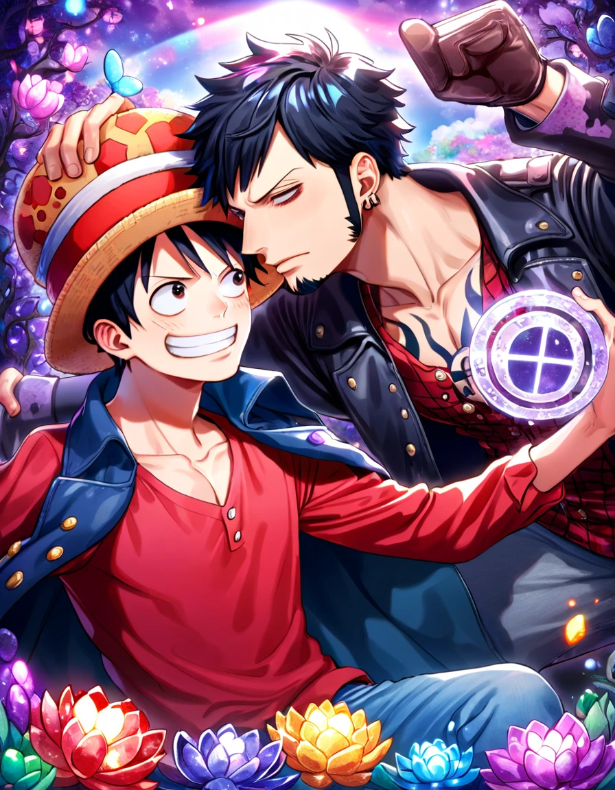 absurdres, highres, ultra detailed, HDR, master piece, best quality, Trafalgar Law, black hair, expressive gray eyes, one piece, Monkey D Luffy, black hair, expressive brown eyes, two sexy men together, gay couple, yaoi, handsome, black leather coat, red shirt, hat, patterns, magical, fantasy, purple sky, purple lotus, shining, purple petals, purple glittering butterflies