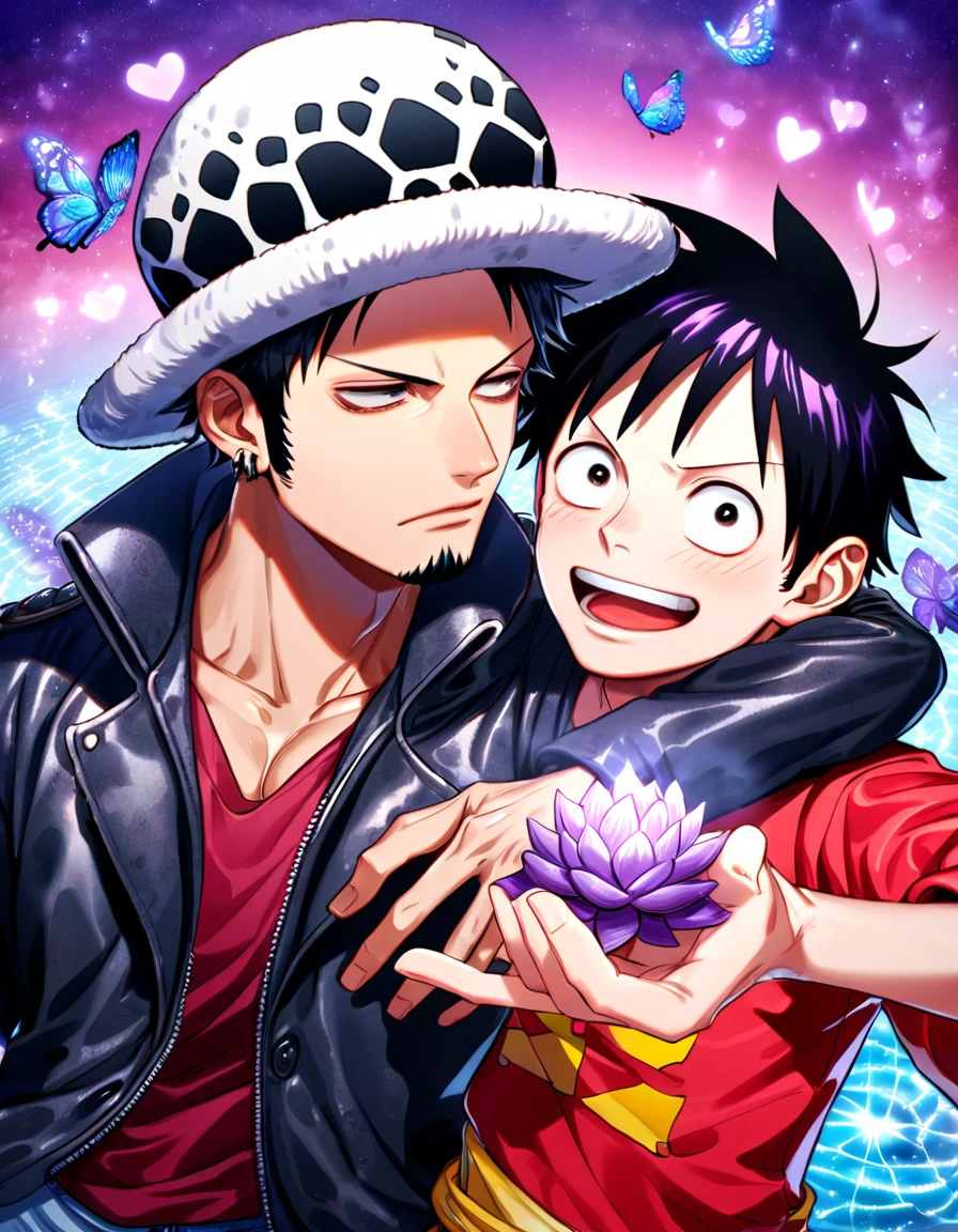 absurdres, highres, ultra detailed, HDR, master piece, best quality, Trafalgar Law, black hair, expressive gray eyes, one piece, Monkey D Luffy, black hair, expressive brown eyes, two sexy men together, gay couple, yaoi, handsome, black leather coat, red shirt, hat, patterns, magical, fantasy, purple sky, purple lotus, shining, purple petals, purple glittering butterflies