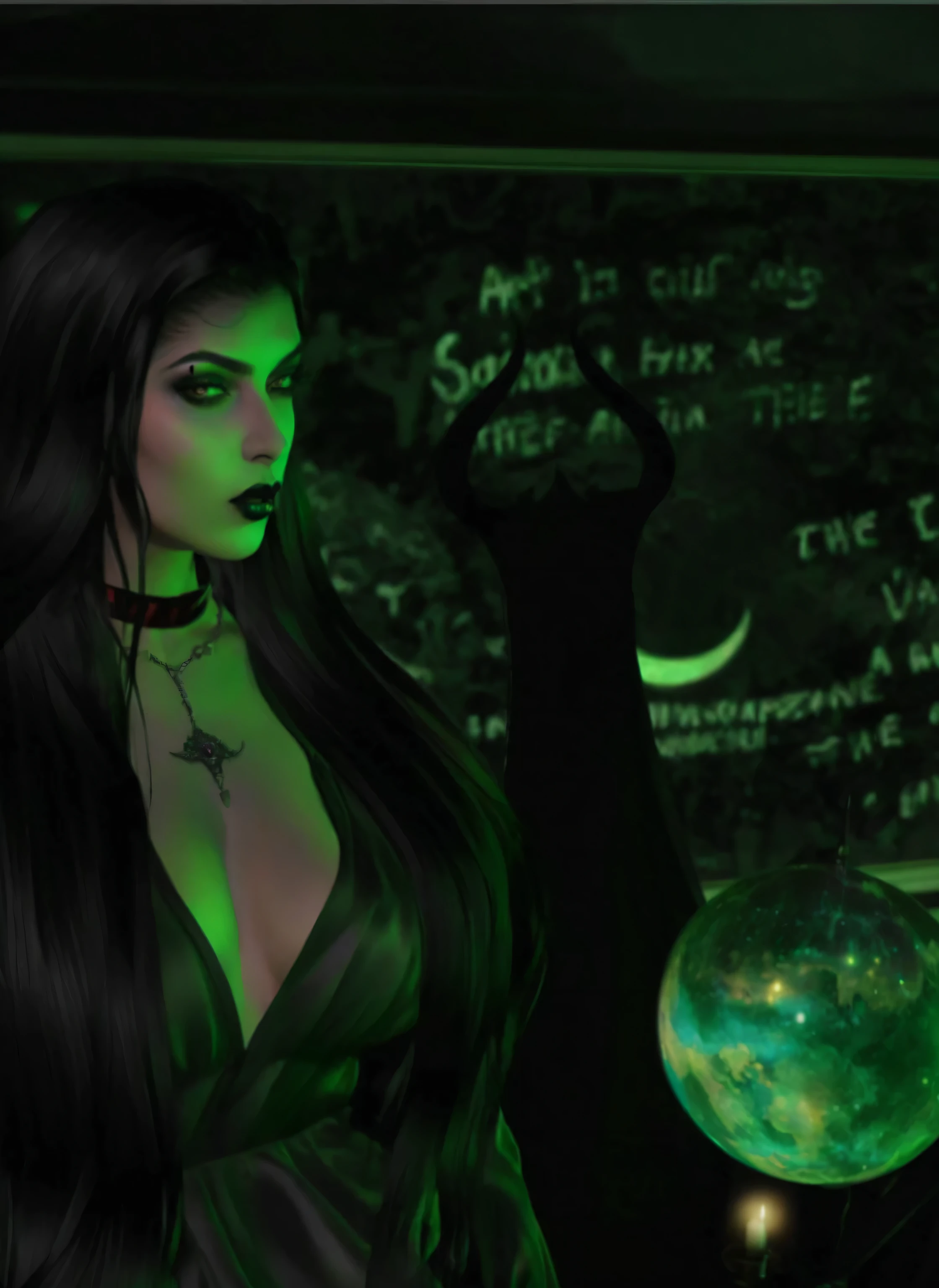 mulher arafa em um vestido preto em frente a um globo verde, Senhora da entropia, /!\ the sorceress, bruxa, a bruxa conjura, darkwave gothic aesthetic, esoteric dark fantasy, Humor surreal e sombrio de outro mundo, subtle lovecraftian vibes, Cena Wicca em casa, assustador, mas fascinante. Vampire the Masquerade, Banu Haqim, Vampire woman.