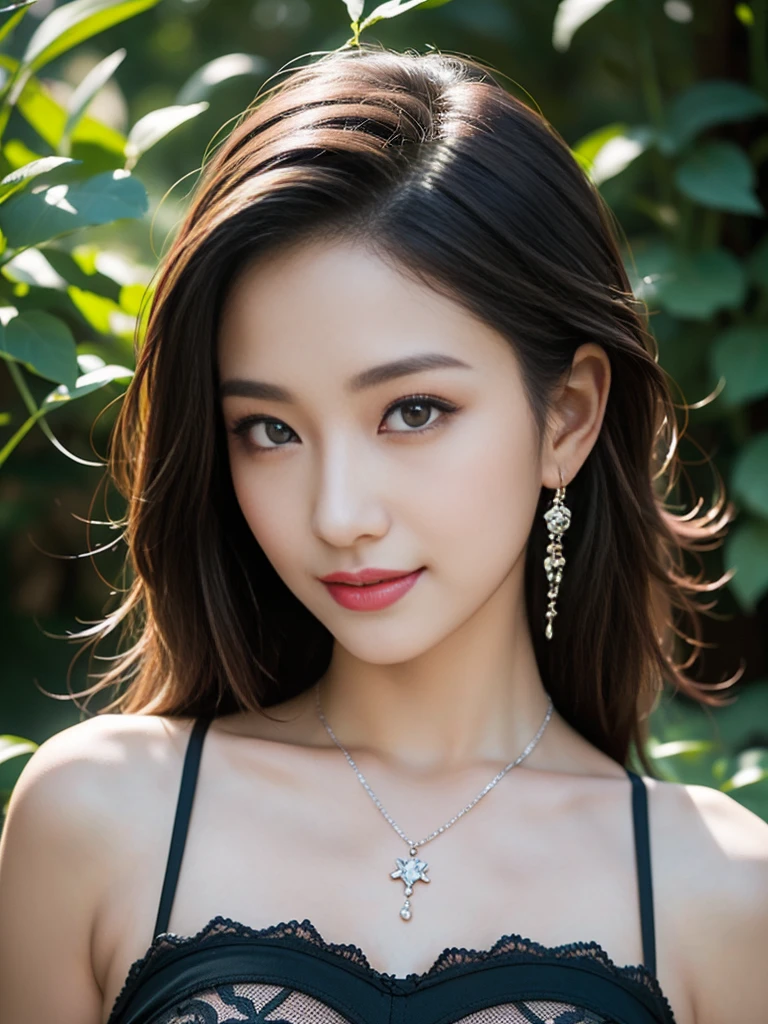 (masterpiece, best quality:1.2), (8k uhd, 16k, 32k, ultra high res), (photorealistic:1.37), (RAW photo), ultimate-realistic, ultimate-realistic details, ultimate-realistic texture, ultimate-intricate details, ultimate-realistic lighting, ultimate-realistic shadow, japanese girl, 24yo, ultimate-cute face, ultimate-RAW skin, ultimate-eyes, A woman standing in a field of tall grass and flowers with a gothic style and a smile. She has long, wavy dark hair blowing in the wind and light makeup with a hint of dark lipstick. She is wearing a sheer black bra with intricate lace details, paired with high-waisted dark panties. She is adorned with dangling earrings and layered silver necklaces. The scene has a soft, warm glow with a blurred background, highlighting the woman's serene and elegant presence amidst the natural surroundings, nsfw,