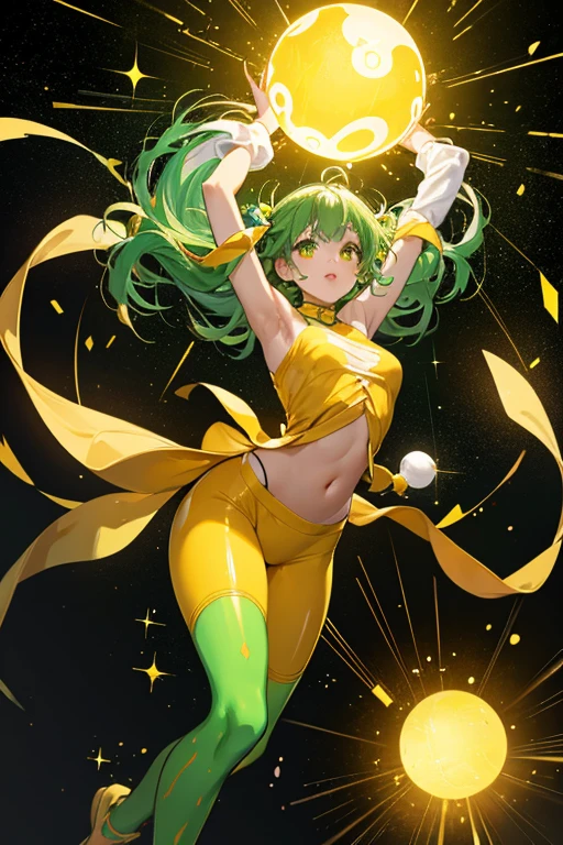 lum, , standing,, , oni, smile,, full body, , , horns, curvy, big breast,, smile, green hair, superhero costume,sharpteeth,levitating, flying