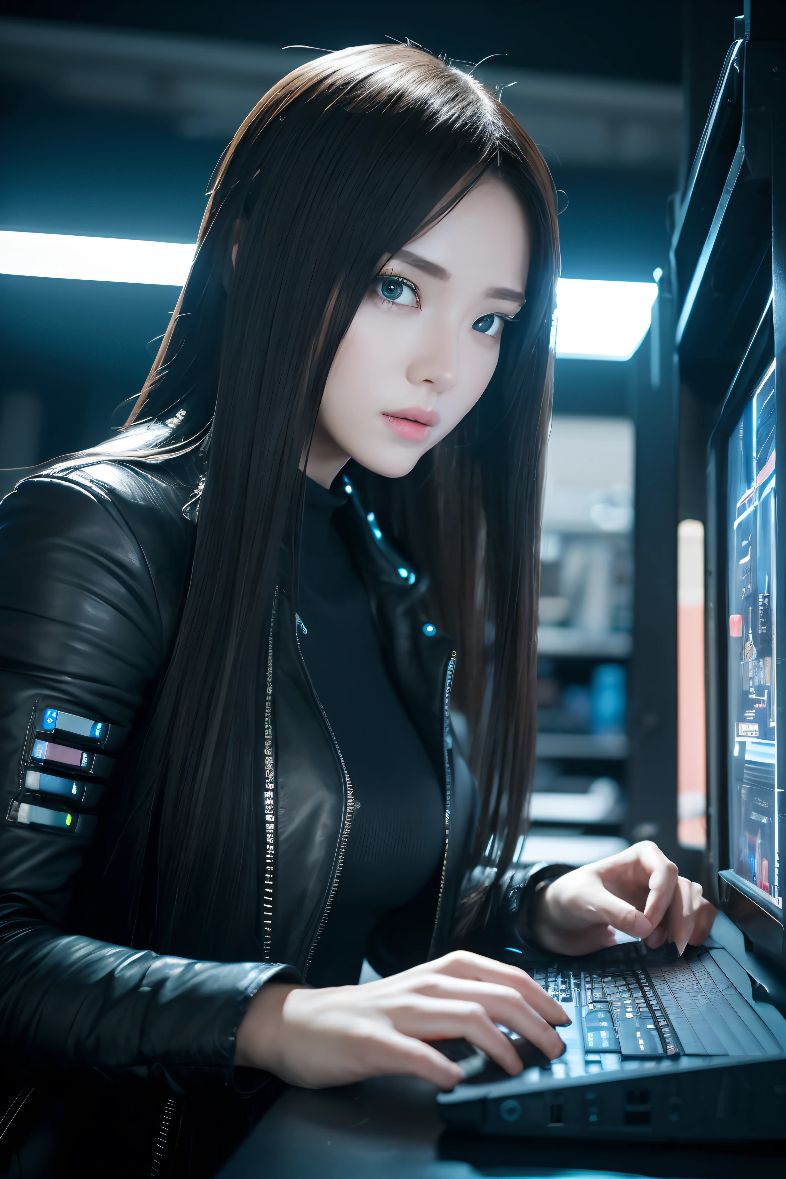 「((de primera calidad)), ((Mejor venta minorista)), (ALTO NIVEL DE DETALLE: 1.3),。.3d、Hermosa heces(ciberpunk: 1.3)Cuando Hacker Woman、Trabaja con terminales de ordenador con pelo grueso y voluminoso