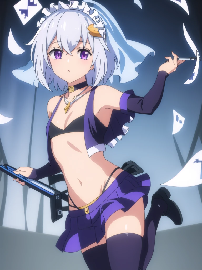 ((Best quality))), ((Ultra-detailed)), ((illustration)), ((Disheveled hair)), ((frilld)), (1 girl), (Solo), 1girl, arabian_clothes, bare_shoulders, breasts, bridal_gauntlets, full_body, jewelry, short_hair, mask, midriff, mouth_veil, navel, necklace, pants, solo, veil, rating:safe, arm_warmers, blue_footwear, card, card_(object), choker, cleavage, dress, female, hair_ornament, hand_up, holding, holding_card, holding_object, looking_at_viewer, makaria, small_breasts, standing, standing_on_one_leg, sun_hair_ornament,purple_eyes, silver_hair