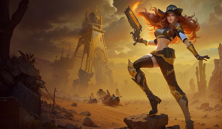 There is a woman with a gun in a desert area., miss fortune league of legends, miss fortune, katarina, caitlyn de liga de leyendas, fondos de pantalla arte promocional arte salpicadura, salpicaduras de liga de leyendas, arte de estilo liga de leyendas, personaje de liga de leyendas art, arte de bienvenida del personaje, arte oficial de bienvenida, personaje de liga de leyendas, Brigitte, liga de leyendas del arte