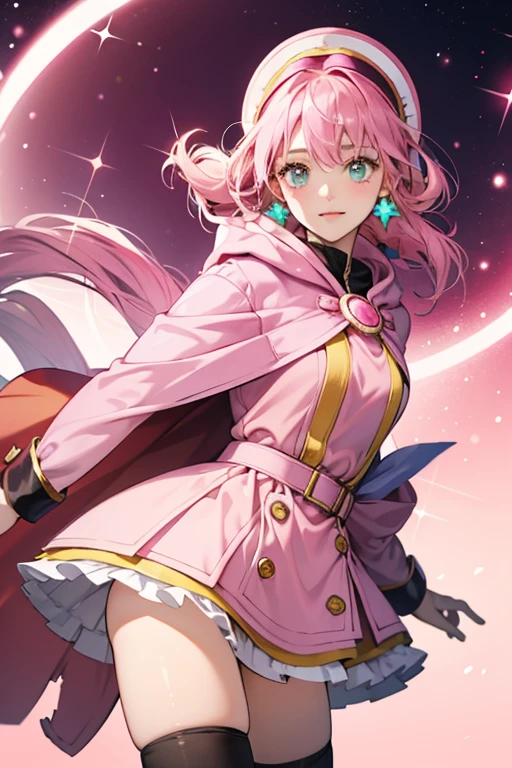 Hero Lovelin wears a pink head cap with darker pink muffs on the side and a darker pink circle on the top. Her ears poke out of the head cap along with a lock of hair. She wears a pink dress with a dark pink cloak held together with a yellow button and yellow stockings. SPARKLE; GLITTER