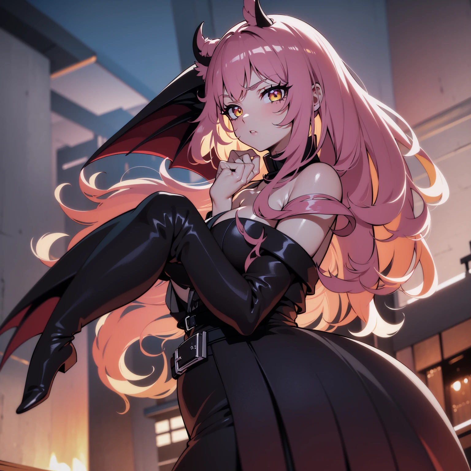 {-erro_de_anatomia:1.0} (best quality,4k,8k,highres,masterpiece:1.2) (masterpiece, top quality, best quality, official art, beautiful and aesthetic: 1.2), (1 woman: 1.3) Succubus girl, long pink hair , yellow eyes, (crystal eyes) succubus wing, black pant, black gloves,  attractive, moonlight, dinamic poses, flying on the sky, perfect hands (perfect fingers), angry face, 