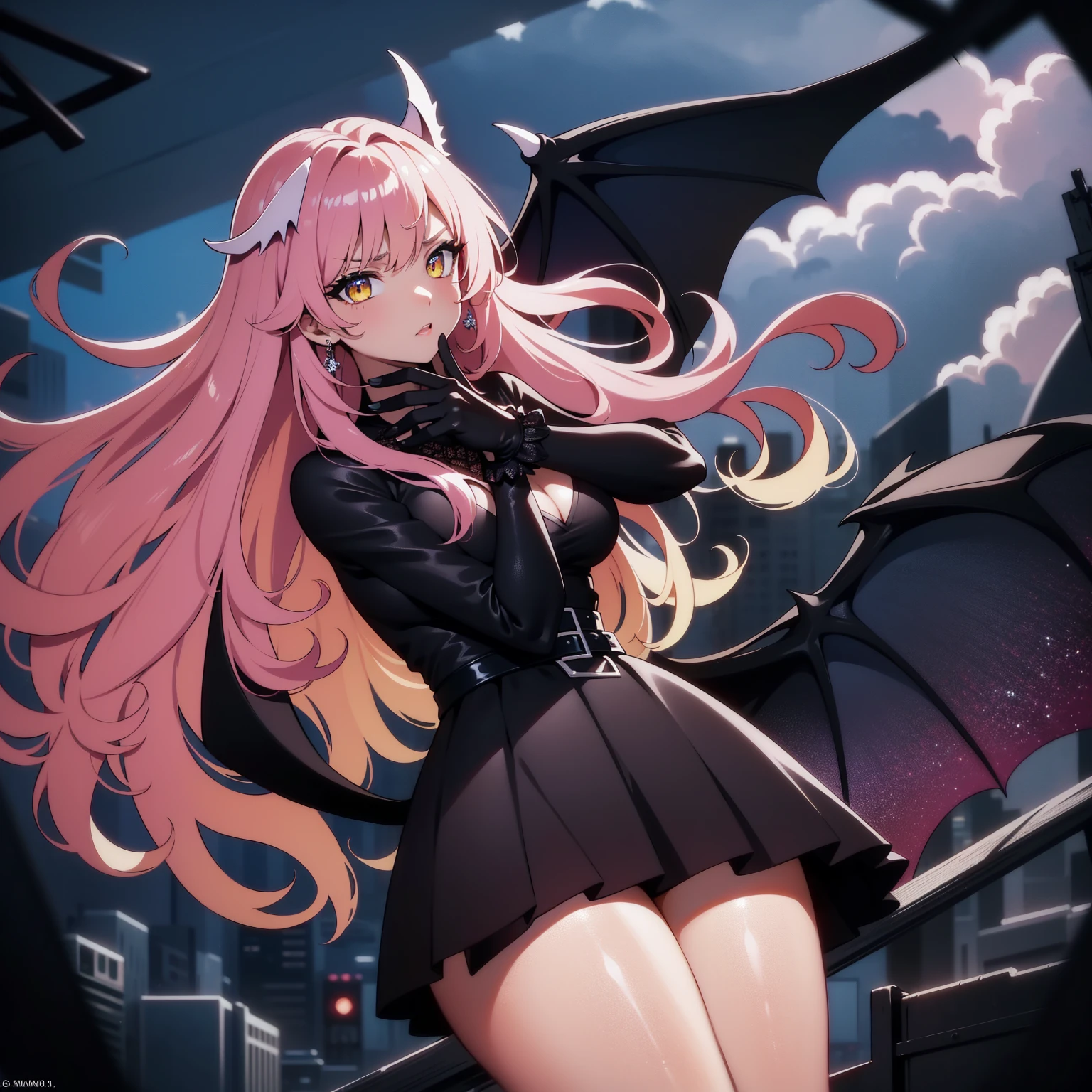 {-erro_de_anatomia:1.0} (best quality,4k,8k,highres,masterpiece:1.2) (masterpiece, top quality, best quality, official art, beautiful and aesthetic: 1.2), (1 woman: 1.3) Succubus girl, long pink hair , yellow eyes, (crystal eyes) succubus wing, black pant, black gloves,  attractive, moonlight, dinamic poses, flying on the sky, perfect hands (perfect fingers), angry face, 