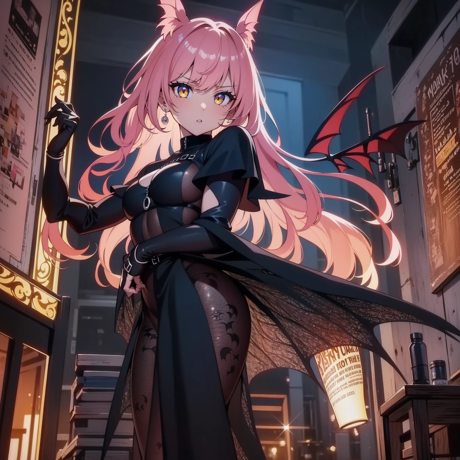 {-erro_de_anatomia:1.0} (best quality,4k,8k,highres,masterpiece:1.2) (masterpiece, top quality, best quality, official art, beautiful and aesthetic: 1.2), (1 woman: 1.3) Succubus girl, long pink hair , yellow eyes, (crystal eyes) succubus wing, black pant, black gloves,  attractive, moonlight, dinamic poses, flying on the sky, perfect hands (perfect fingers), angry face, 