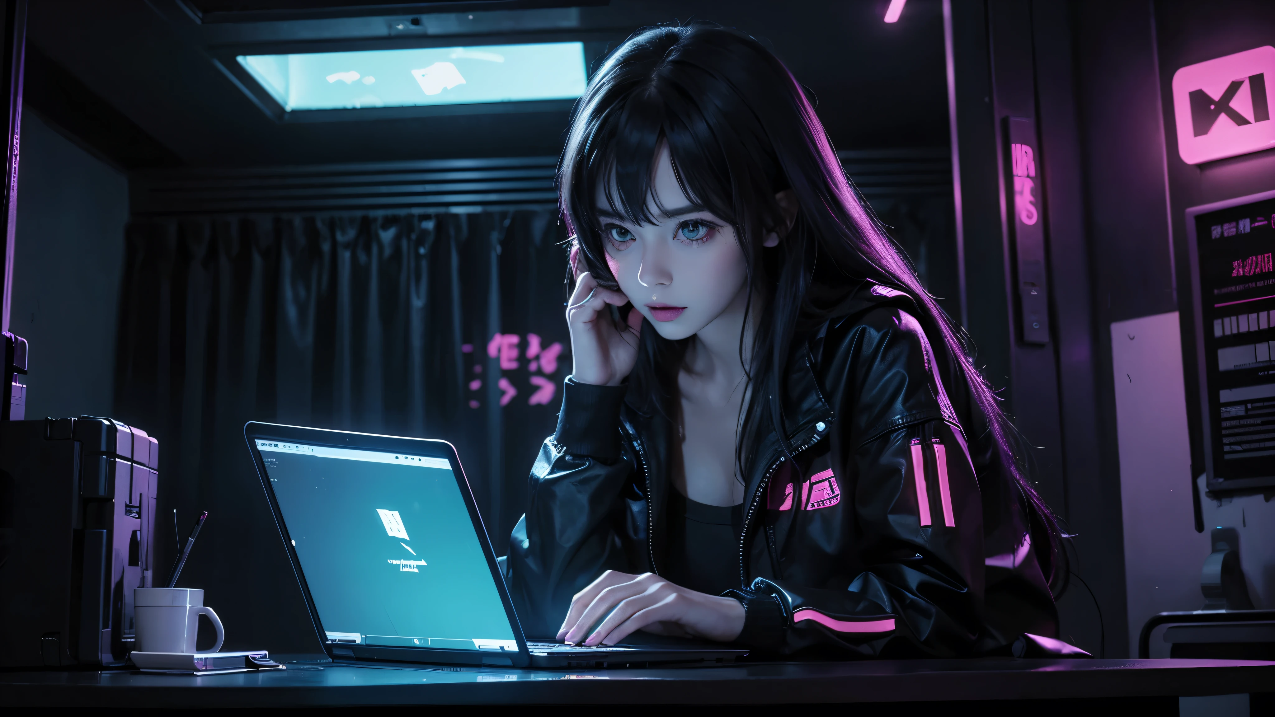 Create a dark image of a cute person studying in his room in neon cyberpunk style and looking at his laptop.