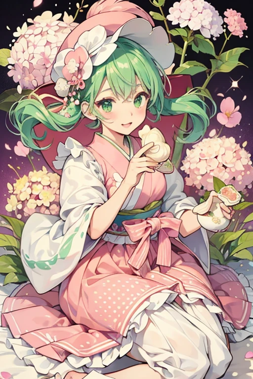 Himeamachatchi has cream-colored skin and a pink, frilly "hat" with two pink hydrangea flowers and three cubes of sugar or mochi in between. She also has a green dome with a gold dumpling shape on top, somewhat resembling a teapot lid. She wears a royal, traditional Japanese dress that is green and coral-colored with white polka dots, with large red and white ribbons. SPARKLE; GLITTER