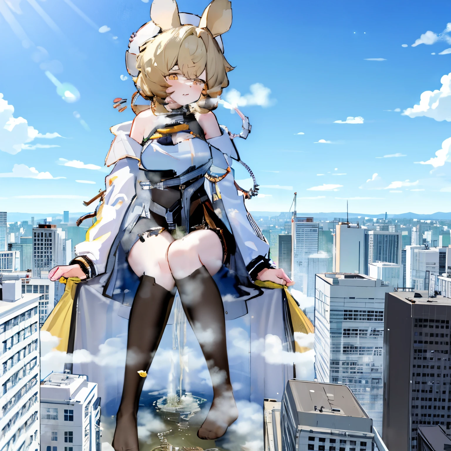 NSFW，​​{A giantess}，{1个Giant Breast Girl}，{are standing}，{urine discharge}​​，cloud， looking over city， mountain ranges， tmasterpiece, Best quality, The content is very detailed,tmasterpiece,Best quality,offcial art,extremely detaild的 CG unified 8k wallpapers，{{{A giantess}}}，Huge girl，1 girl，modern miniature city，pissing，Pee everywhere，No shoes，{blackstockings}，face flushed，comfortable expressions，pissing，urine，produce urine，Urine eruption，Urine gives off steam，{Pee while standing on a modern miniature city}，The city is full of urine