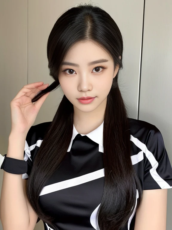 ภาพระยะใกล้ของผู้หญิงponytail, Korean symmetrical face, Woman wearing a volleyball shirt Expensive silk, dark black, Thai anime girl, Chest size 36 inches, beautiful south ponytail,) long, Flowing hair, ponytail, beautiful young, bright and sparkling, beautiful south korean women, Tzuyu from two times, Jae Yeon Nam, Lee Ji Eun, Lee Ji-eun, wan's Korean face is so cute, Korean girl, cute korean stars, หญิงKorean girlที่สวยงาม, หญิงKorean girlที่งดงาม, Cute young Korean face, Hwang Se-is, Park from minutes