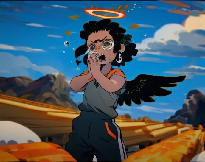 1woman, black hair, medium hair, cornrows, flattop, halo, Black Angel Wings, Orange Tracksuit, sad, scared, crying, screaming, Surrealism