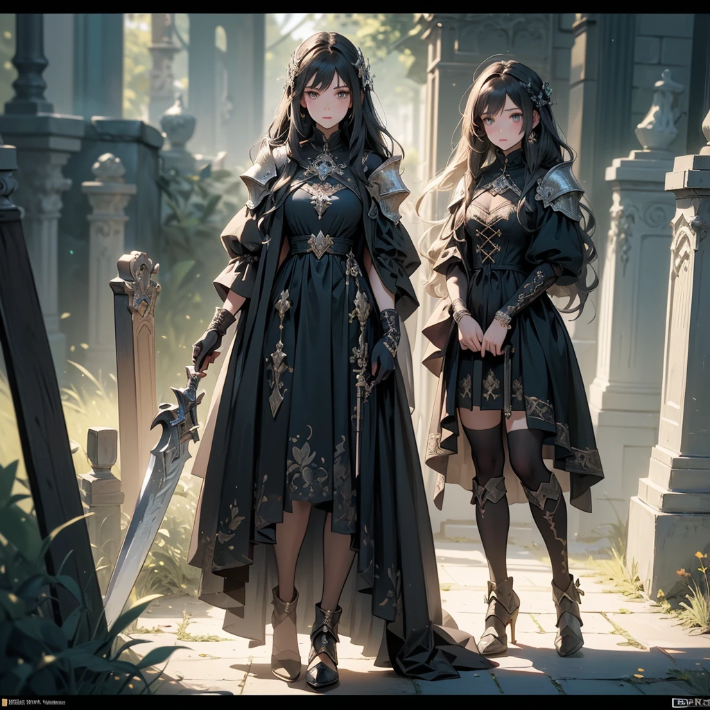 (((masterpiece, best quality, high detailed, 8k))) Design a layout showcase Gaming character, (1girl). Black|Gold clothes, stylish and unique. ((showcase weapon:1.4)), dark scythe. (masterpiece:1.2), (best quality), 4k, ultra-detailed. (Step by step design, layout art:1.5), (luminous lighting, atmospheric lighting). necromancer, ((glove full hands)), (((revealing clothes:1.3))), vambraces, armored legwear, (((full_body_shot:1.4))). {In a haunted graveyard}.