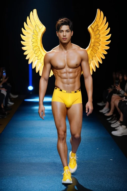 A stunning American man with fair complexion, short brown hair, rocking a yellow brief underwear, toned physique, and large golden angel wings, strutting down a catwalk illuminated by vibrant yellow lights.