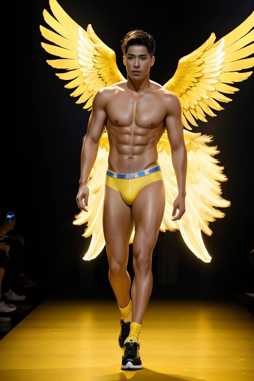 A stunning American man with fair complexion, short brown hair, rocking a yellow brief underwear, toned physique, and large golden angel wings, strutting down a catwalk illuminated by vibrant yellow lights.