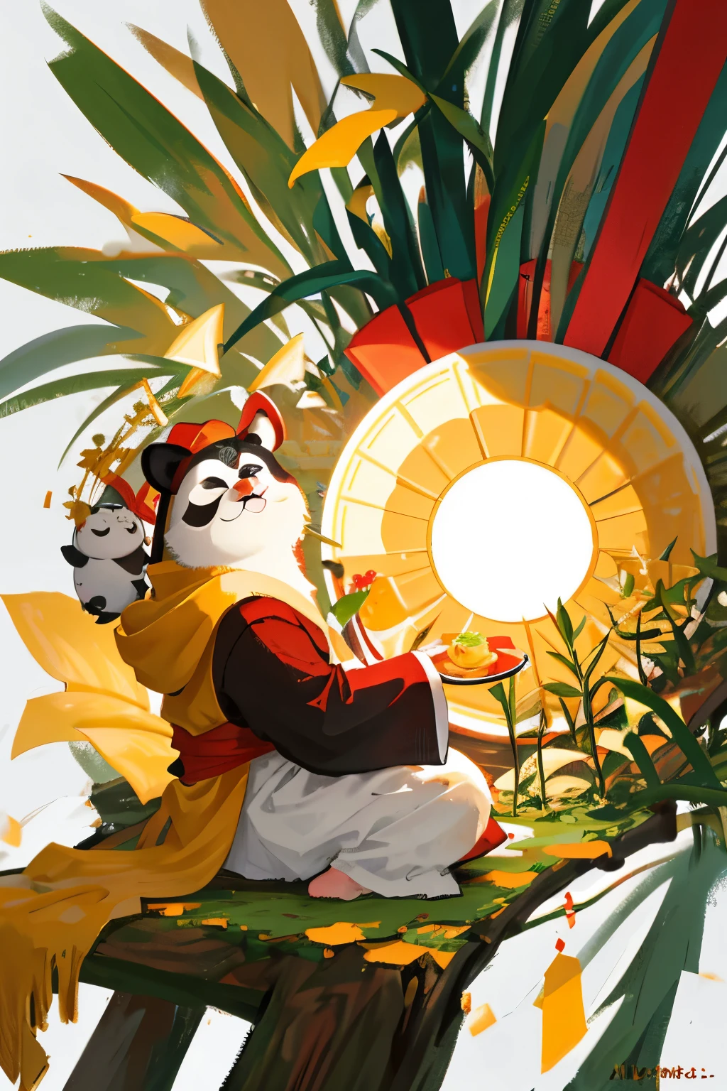 A classic Kung Fu Panda, sitting alone on a white background, his iconic rotund figure clad in his traditional furry robe and bamboo hat. He's passionately enjoying a vibrant platter of colorful and flavorful dumplings, each one a delightful treat. His expressive eyes, a playful mix of brown and black, are gleaming with joy as he looks directly at the viewer. A strip of colorful, multilayered lipstick adorns his mouth, which is closed in concentration as he savoringly savors each delicious morsel. A pair of golden earrings, shaped like miniature paws, dangle from his ears, adding a