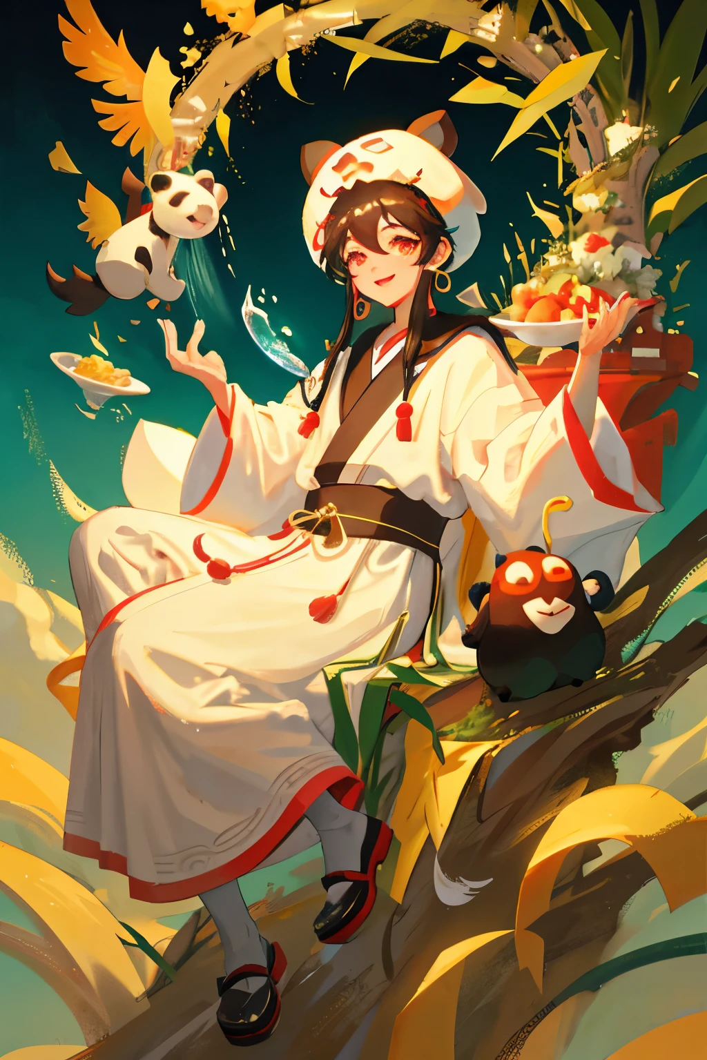A classic Kung Fu Panda, sitting alone on a white background, his iconic rotund figure clad in his traditional furry robe and bamboo hat. He's passionately enjoying a vibrant platter of colorful and flavorful dumplings, each one a delightful treat. His expressive eyes, a playful mix of brown and black, are gleaming with joy as he looks directly at the viewer. A strip of colorful, multilayered lipstick adorns his mouth, which is closed in concentration as he savoringly savors each delicious morsel. A pair of golden earrings, shaped like miniature paws, dangle from his ears, adding a