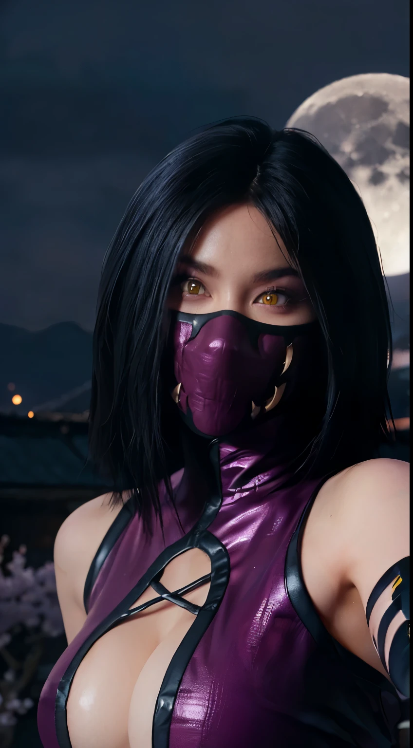 (High quality photo, ultra realistic, 8k, Seductive portrait of (Mileena), MORTAL KOMBAT), close up shot, portrait, (Mileena wearing demon mask), super beautiful with angry expression, bright pink eyes, photo taken close up, normal hands, detailed fingers, masterpiece, (realistic 8k, photo-realistic: 1.37), realistic detailed, 1 girl, short hair to the shoulder super smooth: 1 .5, black hair: 1.2, glowing red eyes: 1.5, glowing eyes, ((Mileena from Deadly Game kombat)), ninja wearing demonic mask, weapons, kimono, dress, micro swimsuit of purple warrior, ((mortal kombat)), large and long breasts, fighting pose opening the legs, body
flexible, curved body, serene look, temple, meditation, apocalyptic, (Ninja Mask), eyes to the sky, demonic mask, reflection, (photo background: shows clear moon, moon, cherry blossom), perfect hands, she uses sai weapons in her hands, sexy ninja hot body,