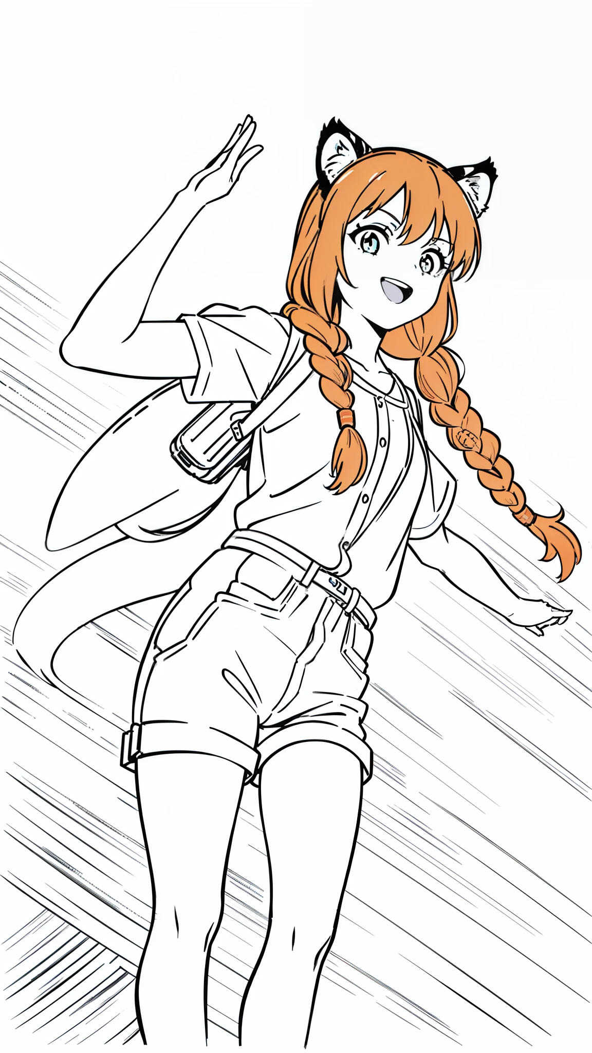 (((1girl,solo,25 years old))),tiger ears,long hair,(twin braids),orange hair,casual outfit,(white background,line drawing),leaning forward,from front,open mouth,smile,backpack,outstretched hand,from below,upper body