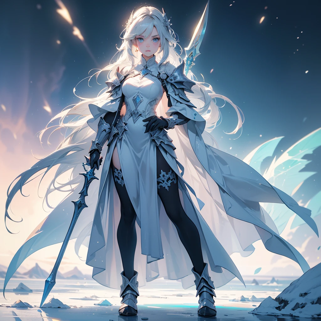 (((masterpiece, best quality, high detailed, 8k))) Design a layout showcase Gaming character, (1girl). Blue|White clothes, stylish and unique. ((showcase weapon:1.4)), ice spear. (masterpiece:1.2), (best quality), 4k, ultra-detailed. (Step by step design, layout art:1.5), (luminous lighting, atmospheric lighting). ice queen, ((glove full hands)), (((revealing clothes:1.3))), vambraces, armored legwear, (((full_body_shot:1.4))). {On a frozen lake}.