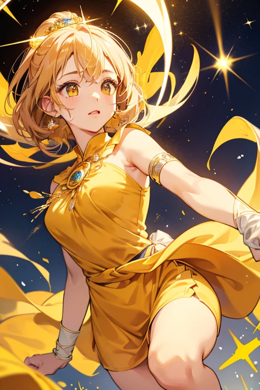 Himedaiyatchi is round with a light yellow body and two stubby legs. She wears a yellow cloth that covers her body, leaving her legs and face exposed. She has three orange diamonds on top of her head. When surprised, diamonds shoot out from her yellow cloth. SPARKLE; GLITTER