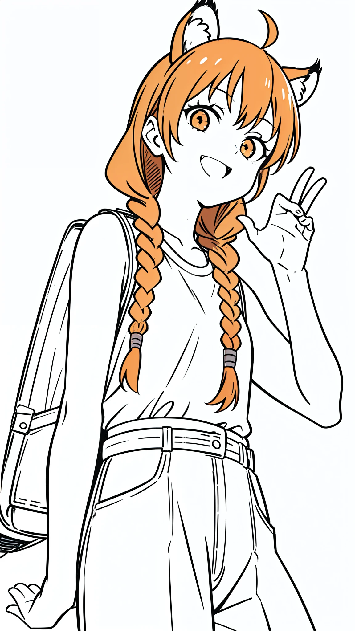 (((1girl,solo,25 years old))),tiger ears,long hair,(twin braids),orange hair,casual outfit,(white background,line drawing),leaning forward,from front,open mouth,smile,backpack,outstretched hand,from below,upper body