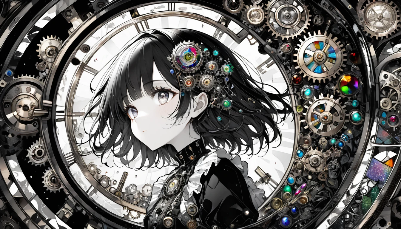 best quality, super fine, 16k, incredibly absurdres, extremely detailed, delicate and dynamic, stained glass kaleidoscope made of jewels of various colors, with mechanical mechanisms, clockwork mechanisms, and gear mechanisms, monochrome girl peering into it, iridescent world artwork 