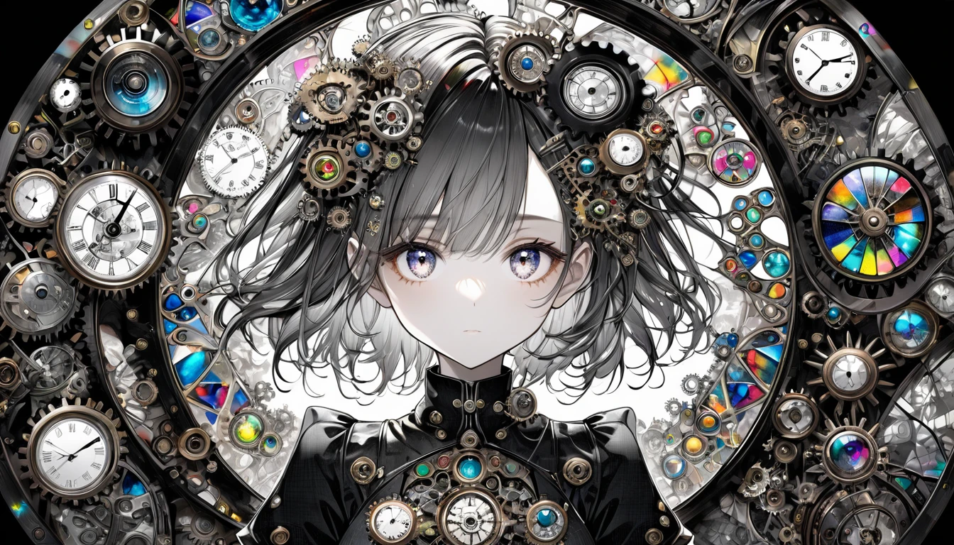 best quality, super fine, 16k, incredibly absurdres, extremely detailed, delicate and dynamic, stained glass kaleidoscope made of jewels of various colors, with mechanical mechanisms, clockwork mechanisms, and gear mechanisms, monochrome girl peering into it, iridescent world artwork