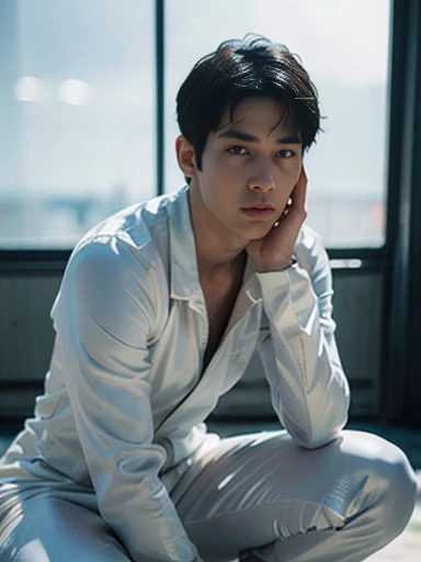 A handsome and refreshing 22-year-old Japanese man　Short black hair cut　Short hair man　Powerful pose　Future World　Various instruments　　Science fiction　A tight rubber sexy jumpsuit that is all white with blue accents　Compression jumpsuit 　White gloves　 　Texture　Big Moccoli　A photo taken looking up from a squatting position, looking directly at the camera　Realistic images  , sexy , eroticism,  nsfw , bare thighs ,ultra photorealism , 