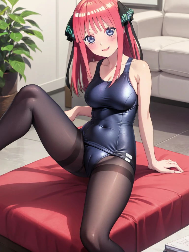 best quality, masterpiece, high quality, insanely detailed, nino nakano, one-piece swimsuit, breasts, pantyhose, blush, smile, in the living room, leg spread