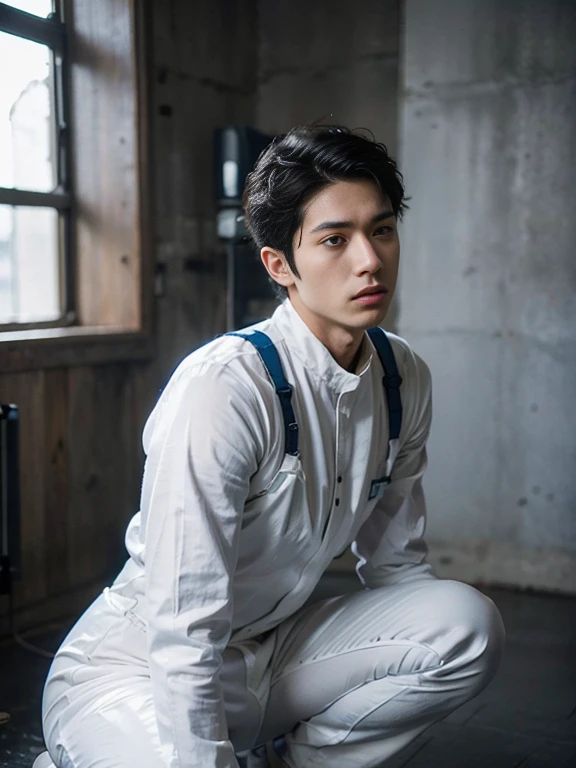 A handsome and refreshing 22-year-old Japanese man　Short black hair cut　Short hair man　Powerful pose　Future World　Various instruments　　Science fiction　A tight rubber sexy jumpsuit that is all white with blue accents　Compression jumpsuit 　White gloves　 　Texture　Big Moccoli　A photo taken looking up from a squatting position, looking directly at the camera　Realistic images  , sexy , eroticism,  nsfw , bare thighs ,ultra photorealism , 