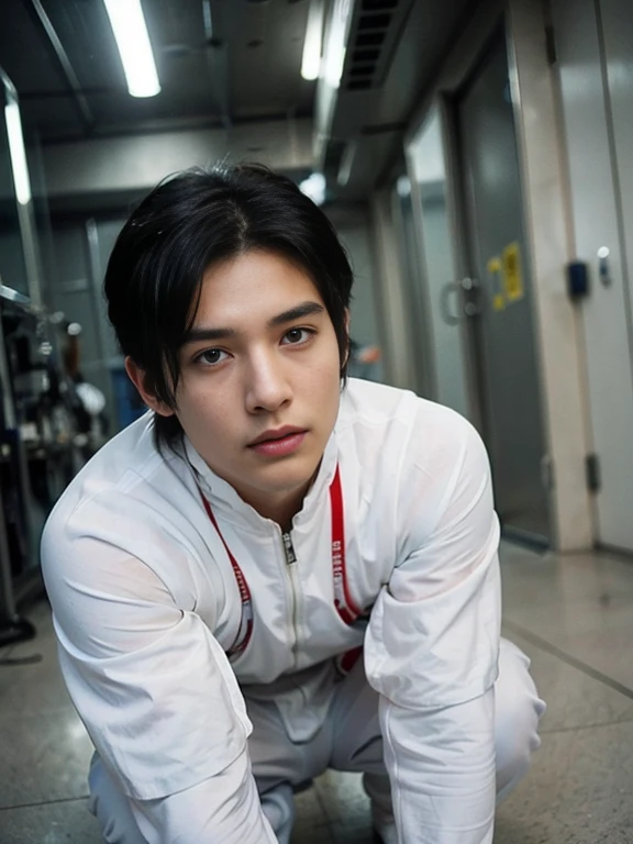 A handsome and refreshing 22-year-old Japanese man　Short black hair cut　Short hair man　Powerful pose　Future World　Various instruments　　Science fiction　A tight rubber sexy jumpsuit that is all white with blue accents　Compression jumpsuit 　White gloves　 　Texture　Big Moccoli　A photo taken looking up from a squatting position, looking directly at the camera　Realistic images  , sexy , eroticism,  nsfw , bare thighs ,ultra photorealism , 