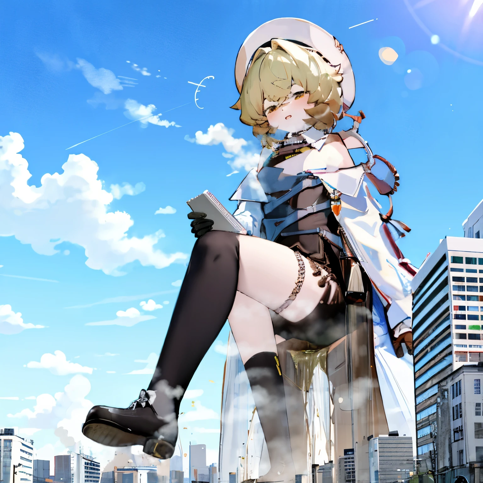 NSFW，​​{A giantess}，{1girll}，{are standing}，{urine discharge}​​，​​clouds， looking over city， mountain ranges， tmasterpiece, Best quality at best, The content is very detailed,tmasterpiece,Best quality at best,offcial art,extremely detaild的 CG unified 8k wallpapers，{{{A giantess}}}，Huge girl，1 girl，modern miniature city，pissing，Pee everywhere，no shoe，{blackstockings}，The face is red，comfortable expressions，pissing，urine，produce urine，Urine eruption，Urine gives off steam，{Pee while standing on a modern miniature city}，The city is full of urine