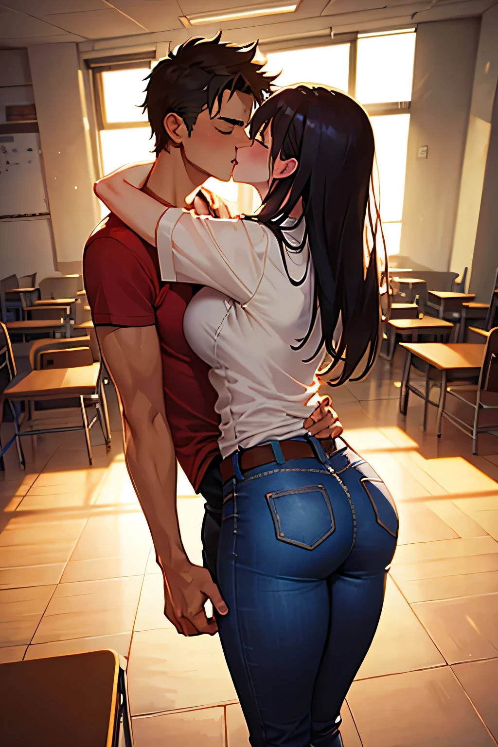 Amazing portrait of a sexy teacher wearing a shirt and jeans kissing and making out passionately with her male student in an empty classroom in an intimate setting