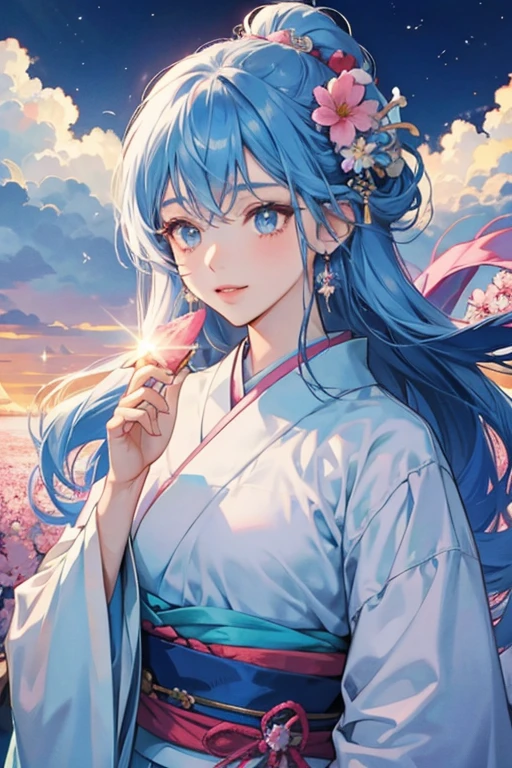 Himefujimitchi has a white head and her blue hair resembles a mountain topped with snow. There is a sun on top of her head. She wears a light blue kimono with a pink sash. She is surrounded by two pink flowers. SPARKLE; GLITTER