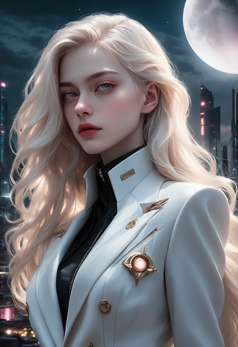 masterpiece, best quality, (Perfect face:1.1), (High Detail:1.1),Dramatic, 1 Girl, (Pale skin), Long white hair, White eyes, [light eyebrows], Solitary, long hair, moon, night, White luxury suit, cover navel, Pursed lips, futuristic city, Detailed background, movie lighting, Rose, Fashion, Balenciaga style