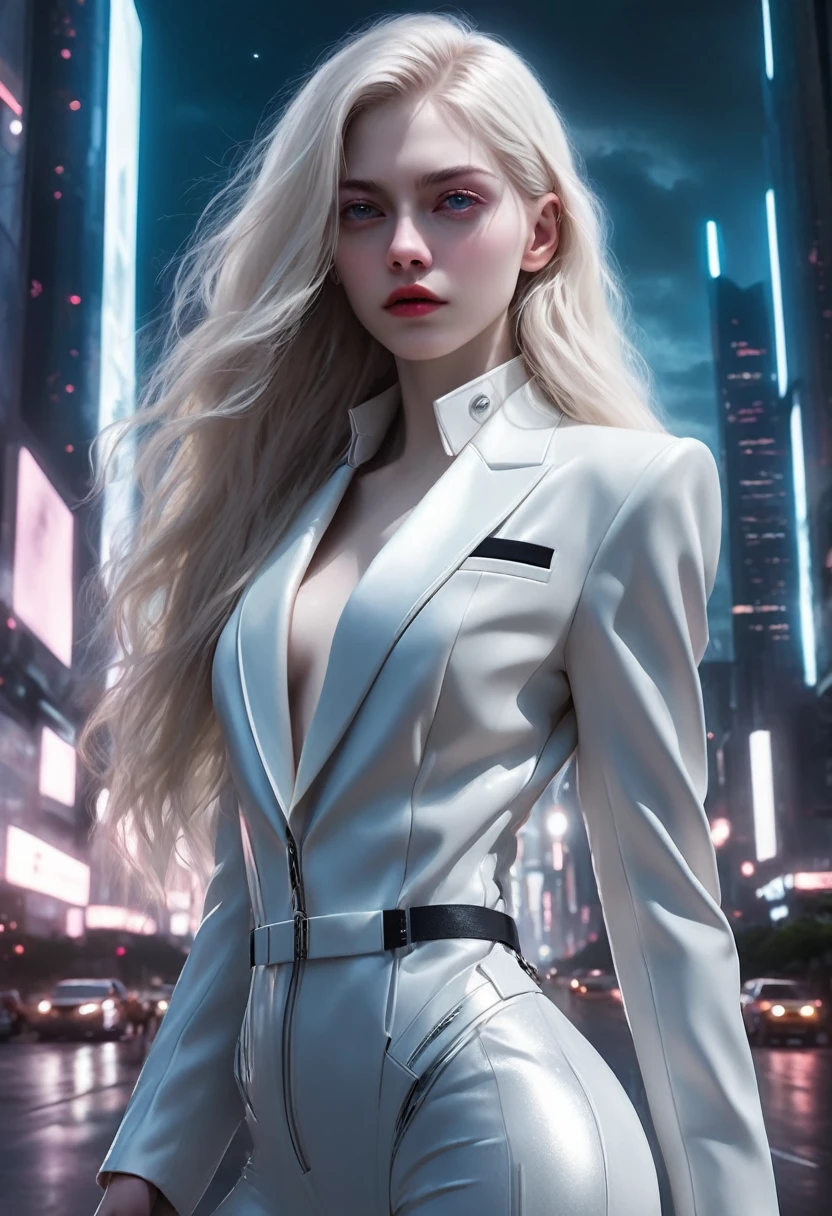 masterpiece, best quality, (Perfect face:1.1), (High Detail:1.1),Dramatic, 1 Girl, (Pale skin), Long white hair, White eyes, [light eyebrows], Solitary, long hair, moon, night, White luxury suit, cover navel, Pursed lips, futuristic city, Detailed background, movie lighting, Rose, Fashion, Balenciaga style