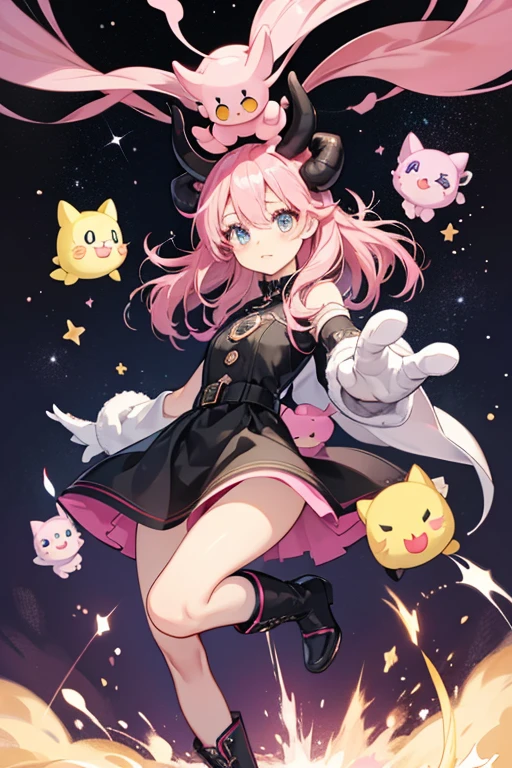 Himespetchi strongly resembles Spacytchi and his brothers, but without horns and or a beak. Her head is pink, shiny, and tear-shaped. She has a dark pink star on the left side of her head, and a small yellow sphere on the top of her head. Her eyes are oval-shaped and she has blue irises, and they look very different from the eyes of any other Tamagotchi character. Each of her eyes has three eyelashes on top and two eyelashes on the bottom. She wears a black dress with a dark pink star in the middle and pink trim on the bottom. She wears dark pink boots, and without them, she has skinny, light pink legs. She also has skinny, pale gray arms and white mittens. SPARKLE; GLITTER