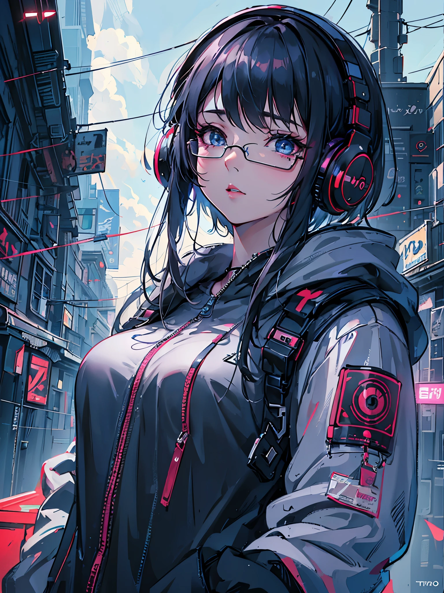 a woman with headphones next to a robot, corpo inteiro, olhando para cima, glasses, boca meio aberta, Dark sky with clouds, (((a garota tem cabelos curtos brancos, tenis tech, e partes cyberpunk))), arte cyberpunk de Jason A. English, sociedade cg, retrofuturismo, Ilya Kuvshinov, sci-fi, futurista, vibrante, photorealista, realista, dramatic, cinematic lighting, sharp focus, 8K
