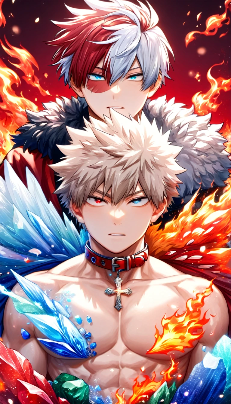 Ultra detailed, HDR, Highres, absurdres, master piece, Todoroki Shouto, bicolored hair, white right hair, red left hair, expressive blue eyes, Bakugo Katsuki, ash blond hair, expressive red eyes, Boku No Hero Academia, red glittering butterflies, petals, fantasy, red flowers, two sexy man, gay couple, yaoi, handsome, glittering, toned chest, red cape with a collar fur, red background, neckle, cross, magical, fire and ice, very detailed eyes and face, love, best quality