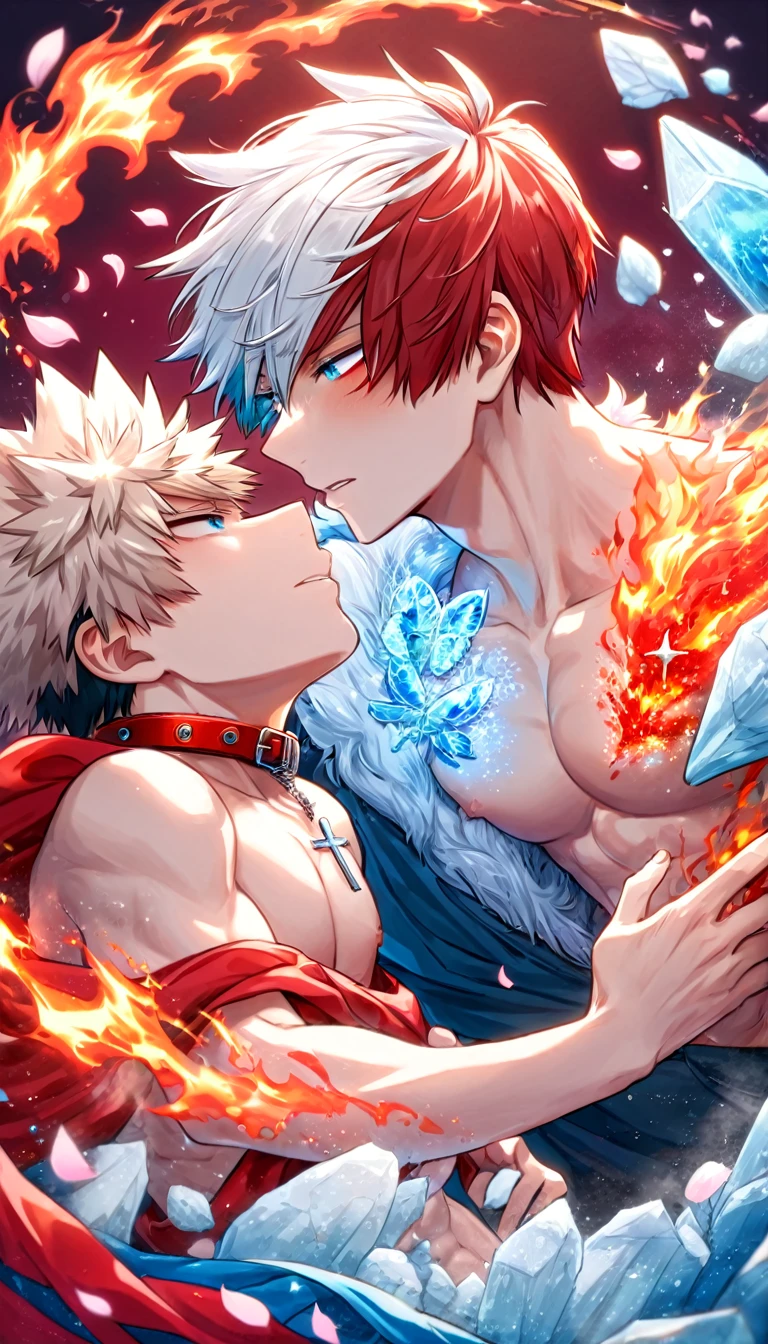Ultra detailed, HDR, Highres, absurdres, master piece, Todoroki Shouto, bicolored hair, white right hair, red left hair, expressive blue eyes, Bakugo Katsuki, ash blond hair, expressive red eyes, Boku No Hero Academia, red glittering butterflies, petals, fantasy, red flowers, two sexy man, gay couple, yaoi, handsome, glittering, toned chest, red cape with a collar fur, red background, neckle, cross, magical, fire and ice, very detailed eyes and face, love, best quality