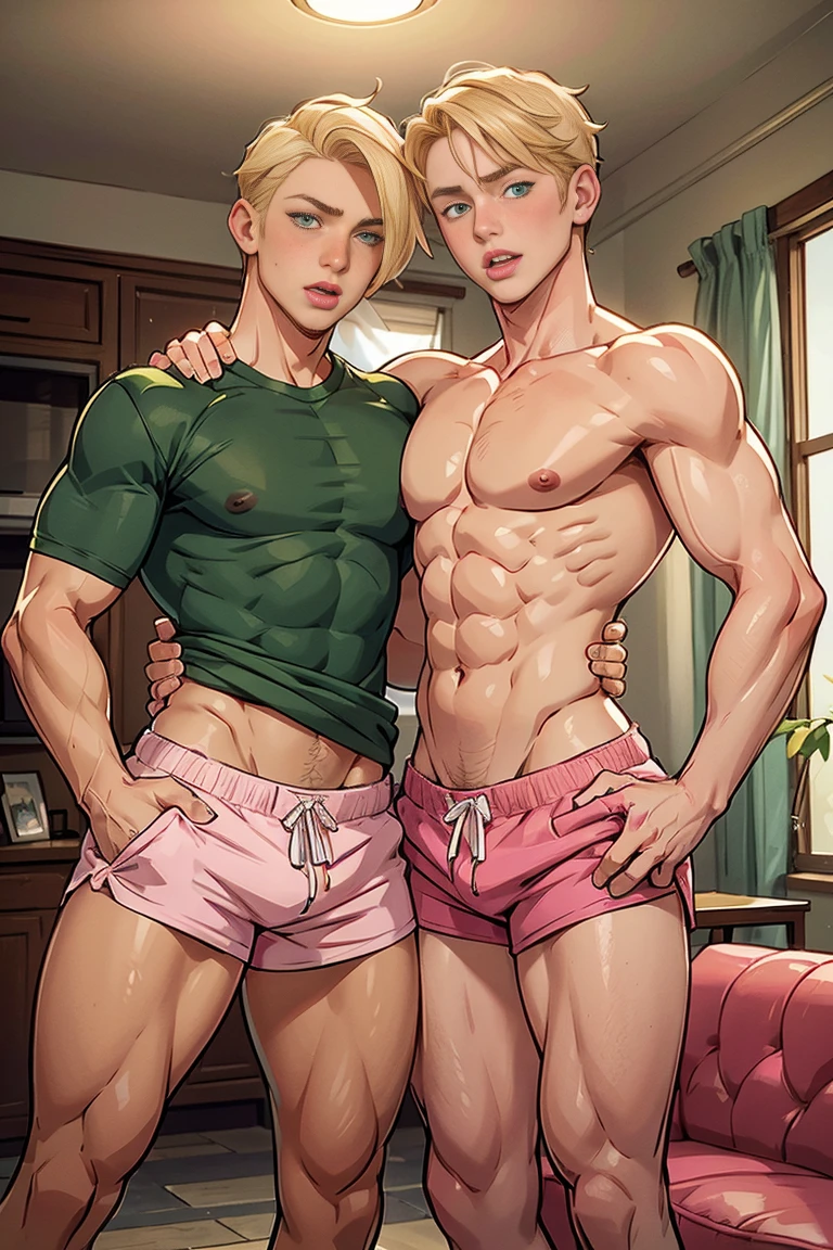 Two characters in a scene. Two identical twin brothers, handsome face, flushed cheeks, blond hair, green eyes, delicate body, sensual expression, pink lips, tongue out of their mouths, bare back. They are in the living room holding each other's waists, wearing pink shorts.