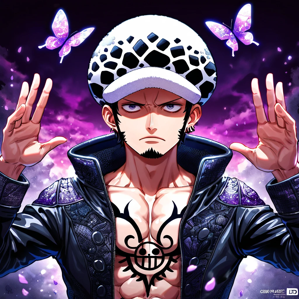 absurdres, highres, ultra detailed, HDR, master piece, best quality, Trafalgar Law, black hair, expressive gray eyes, one piece, solo, sexy man, handsome, black leather coat, toned chest, white hat, patterns, magical, fantasy, purple sky, shining, purple petals, purple glittering butterflies