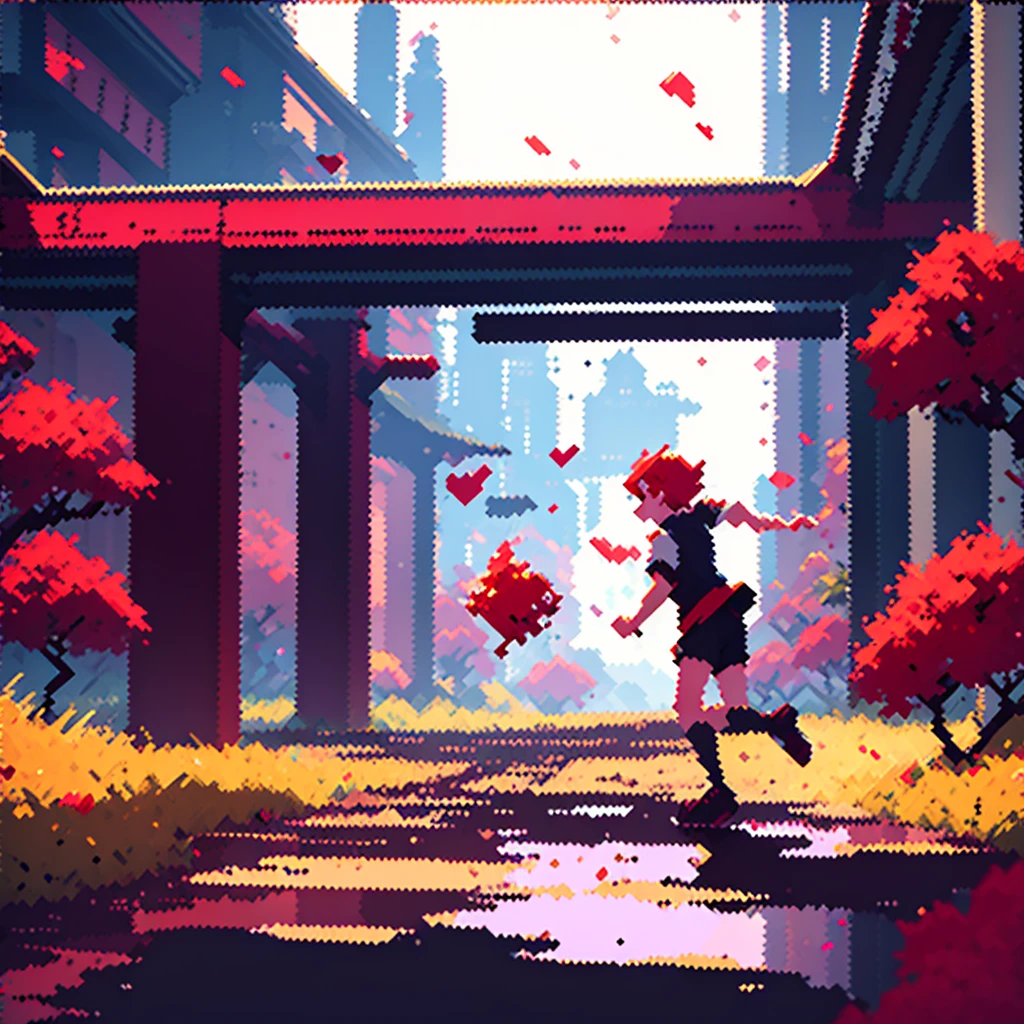 A  with short, reddish hair running to reach a cherry (pixel art)