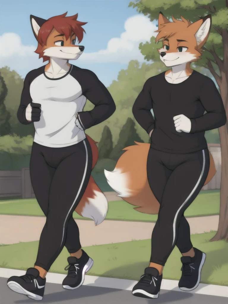 Furry, fox, male, twins, black leggings, white shirt, jogging outside the house,
