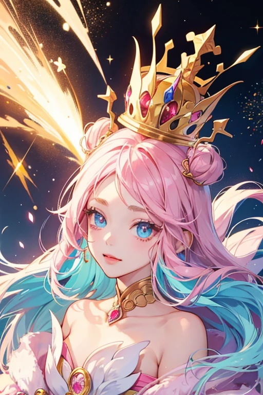 Himetchi has creamy white skin, blue eyes (with two long eyelashes on each eye), and two pink cheeks. She has a golden crown and two pink round accessories with yellow sparkles on her head. SPARKLE; GLITTER